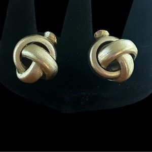 Vintage Monet Double Knot Swirl Clip On Earrings Textured Gold Tone Signed